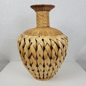 Vintage Woven Palm Vase Basket 17.5" Brown Modern Boho Indoor Outdoor Decor